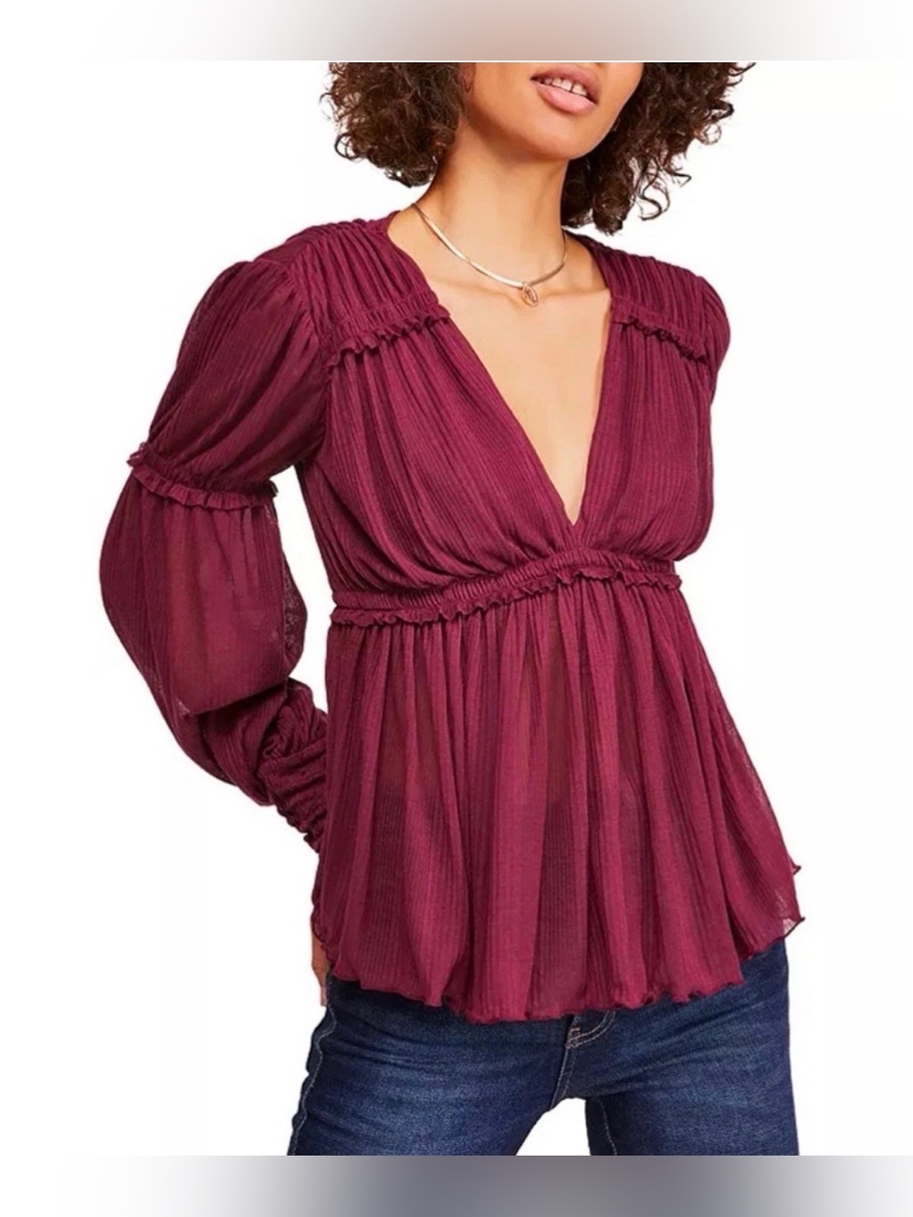 Free People Plum V-Neck Pleated Long Sleeve Blouse